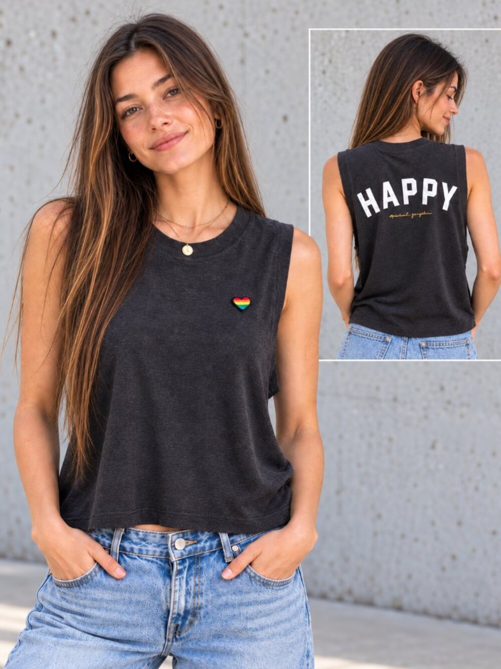 Spiritual Gangster Happy Box Crop Tank Charcoal Rainbow Heart Bamboo M